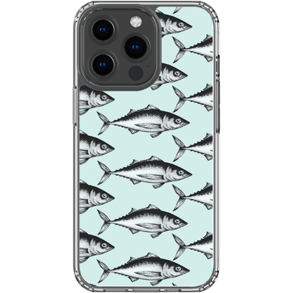 Clear phone case with a pattern of black and white fish on a light blue background, showcasing unique aquatic design.