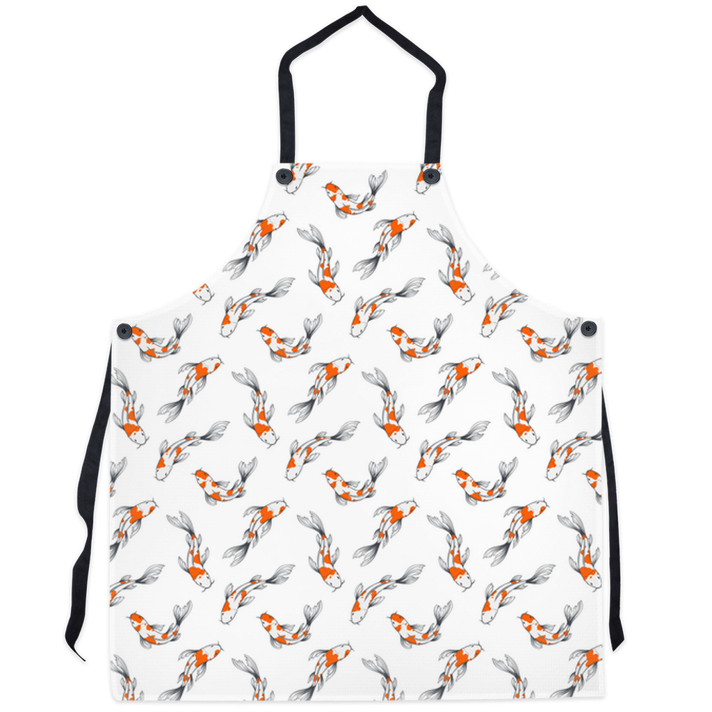 White apron with modern carp and koi fish design, perfect for cooking and crafting.