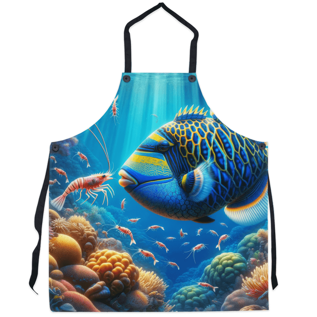 Apron featuring a vibrant underwater scene with a colorful Triggerfish and a prawn face-to-face amidst coral and sea life.