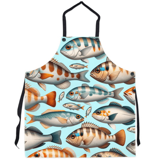 Apron with colorful, realistic Snapper fish design against a blue background.