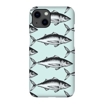 Fish-patterned smartphone case with light blue background featuring a seamless school of fish design.