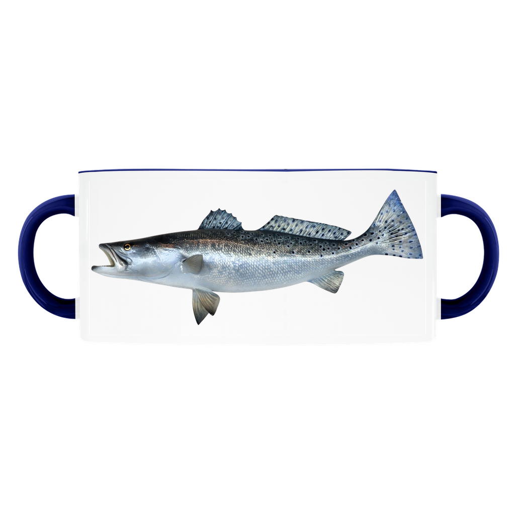 Spotted Seatrout accent mug with dark blue handle and rim on white background.