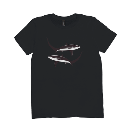 Thresher Shark T-Shirt in black featuring a black and white design with two thresher sharks, ideal for fish, fishing, and angling enthusiasts.