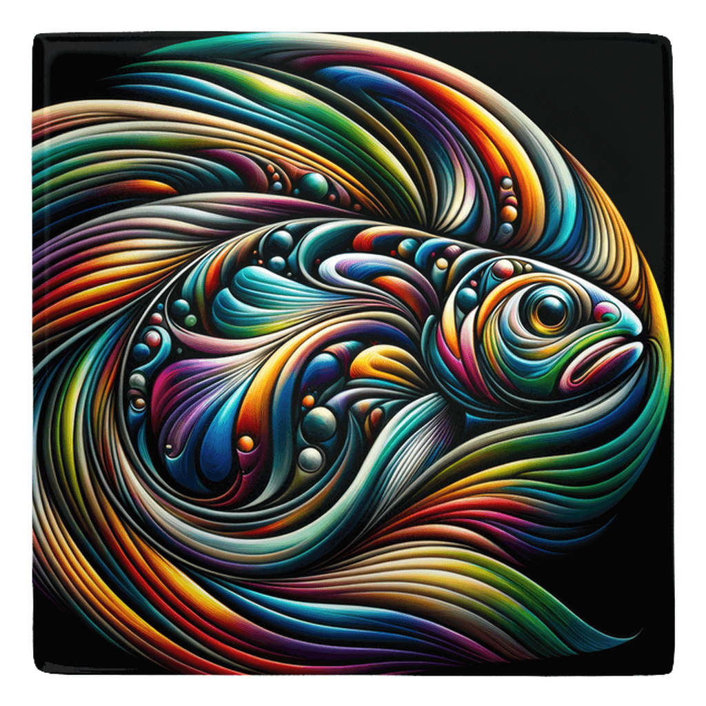 Colorful freshwater fish abstract metal magnet with swirly patterns for fun kitchen décor.