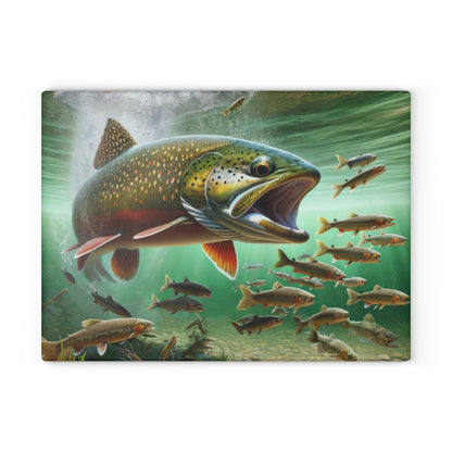 Vibrant brook trout design on a glass cutting board perfect for kitchens.