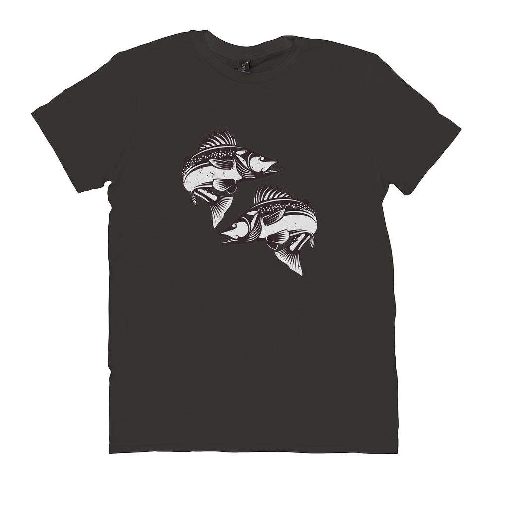 Black Walleye T-Shirt with white fish design for fishing and angling enthusiasts