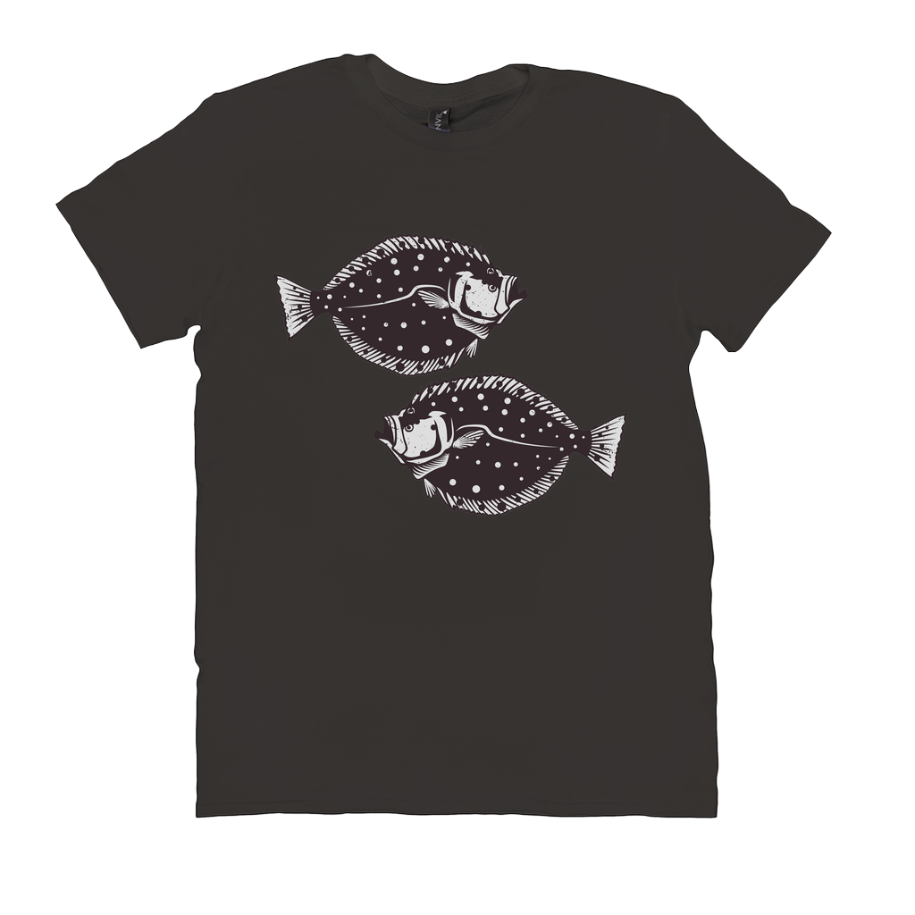 Black Flounder T-Shirt with white fish design, perfect for fishing and angling enthusiasts; made from 100% cotton.