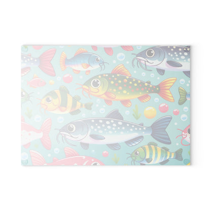 Colorful catfish design on glass cutting board with non-slip padding for kitchen decor and food prep