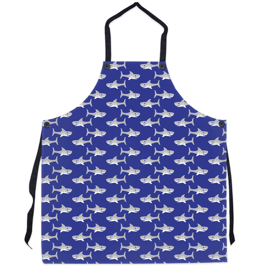 Cute shark apron with a playful blue and white shark pattern, perfect for marine enthusiasts and adding fun to your kitchen attire.