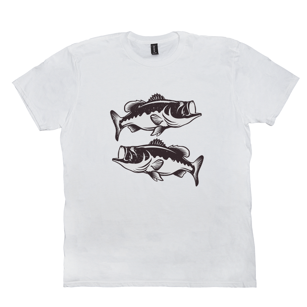 Largemouth Bass T-Shirt with black and white fish design, perfect for fishing and angling enthusiasts.