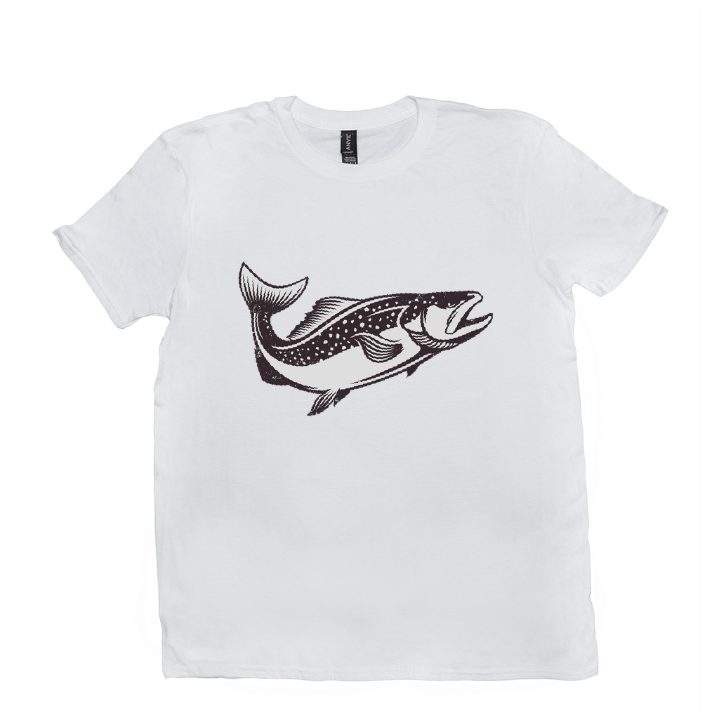 White trout T-shirt with black fish design for anglers and nature lovers, available in black, white, and smoke colors.