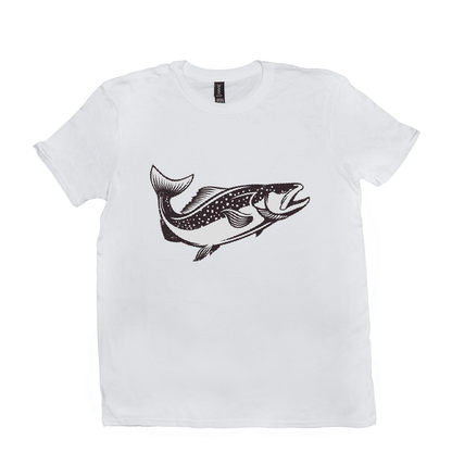 White trout T-shirt with black fish design for anglers and nature lovers, available in black, white, and smoke colors.