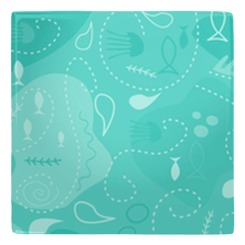 Fish décor pattern with blue and green tones on a metal magnet background.