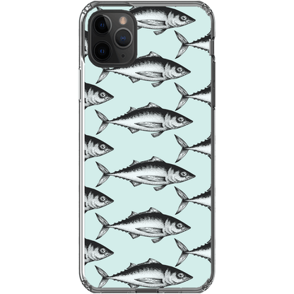 iPhone case with vintage fish pattern on a mint green background