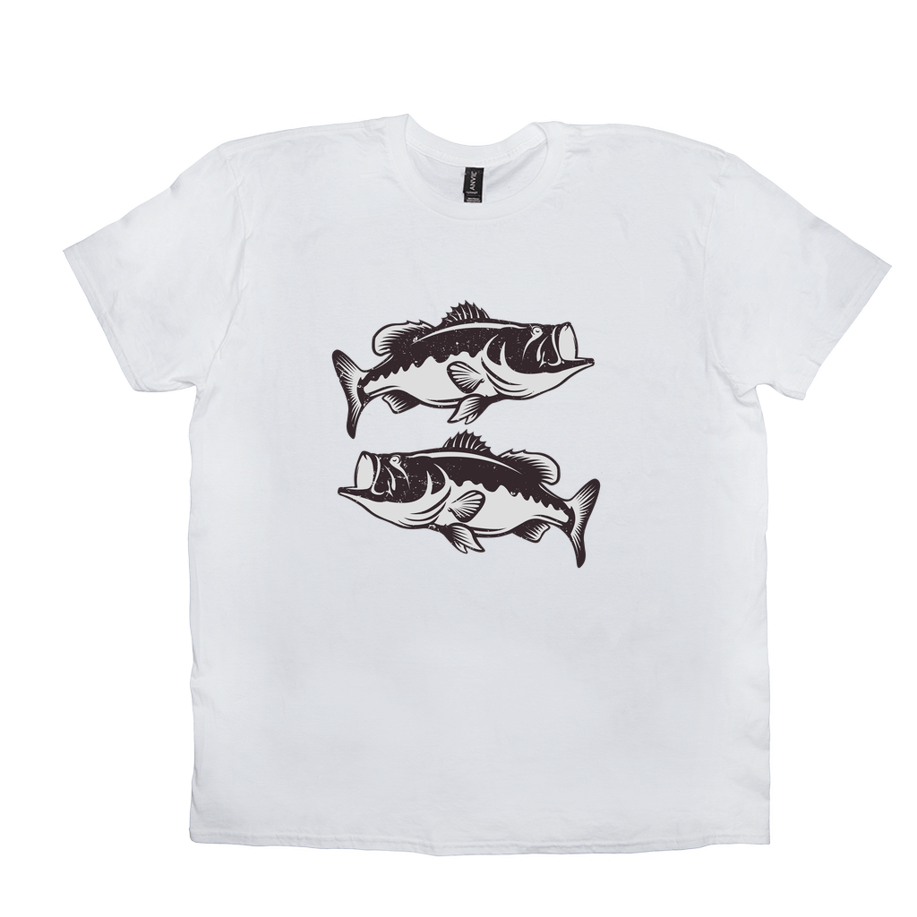 White Largemouth Bass T-Shirt with dynamic black and white fish design, perfect for fishing enthusiasts and anglers, made from 100% cotton.