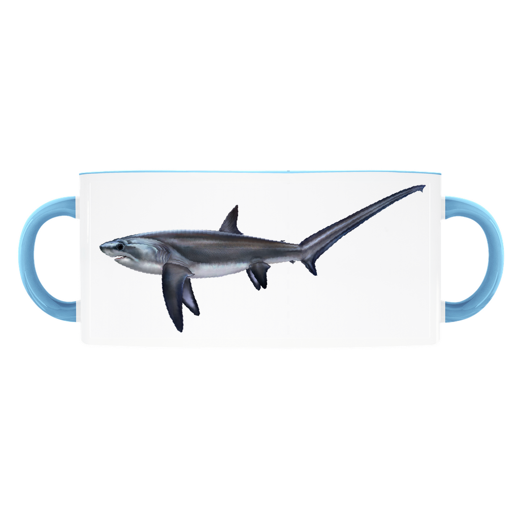 Thresher Shark accent mug with light blue handle and rim on white background.