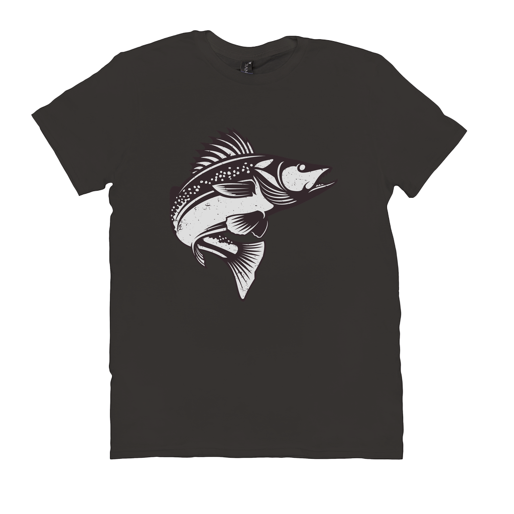 Black t-shirt with black and white Walleye fish design, perfect for fishing and angling enthusiasts.