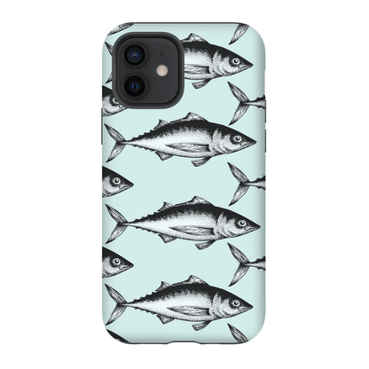 Stylish phone case with a vintage fish pattern on a light blue background, perfect for nature and ocean enthusiasts.