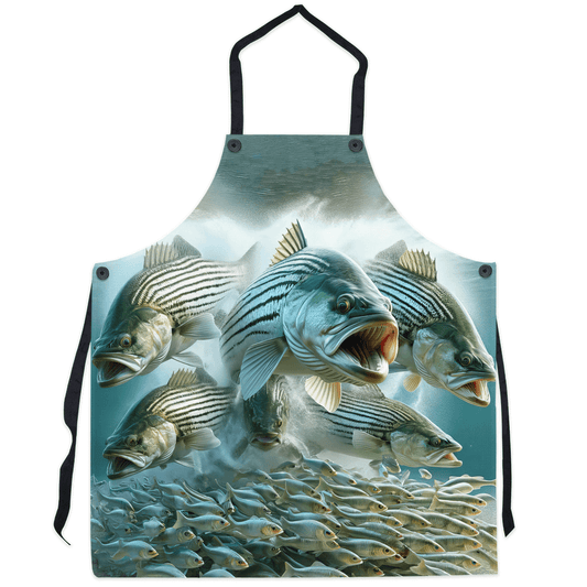 Striped Bass apron with realistic fish design, featuring vivid colors and dynamic action of bass feeding on baitfish. Perfect for cooking adventures.