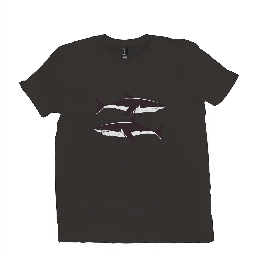 Great White Shark T-Shirt with black and white design, featuring two sharks, perfect for fishing and angling enthusiasts.