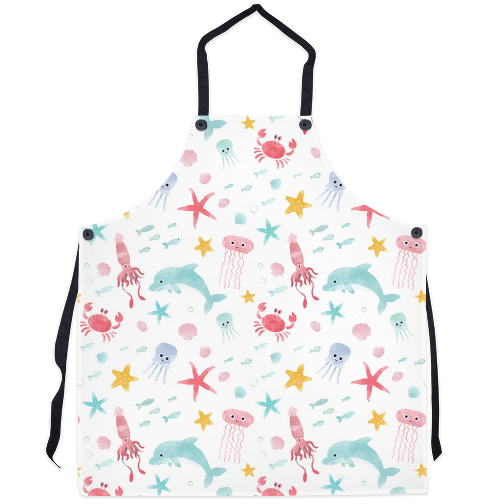 Saltwater watercolor sealife apron with playful ocean creatures design