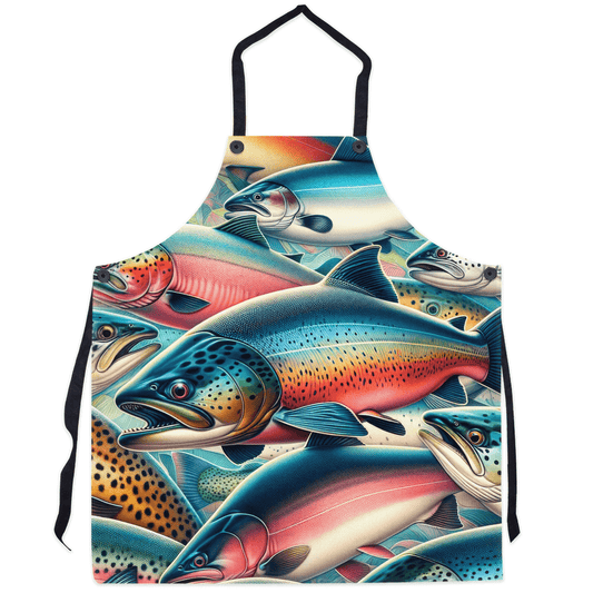 Colorful Rainbow Trout Apron with vivid fish pattern, perfect for fish enthusiasts or cooks who love vibrant designs.