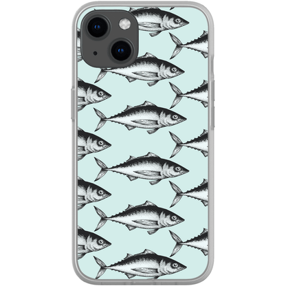 iPhone case with black and white fish pattern on a light blue background, featuring dual camera cutout.