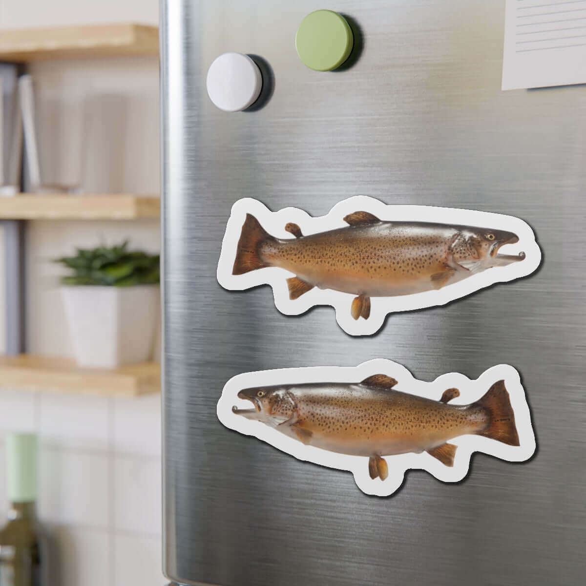 Brown Trout-shaped magnets on a refrigerator, perfect for fish décor and fishing fridge magnet enthusiasts.