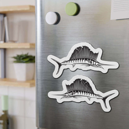 Sailfish shaped magnets on fridge for fish décor and fun kitchen style