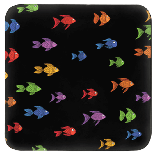 Colorful Fish Coaster with Vibrant Green, Red, Purple, and Blue Fish Pattern on Black; Perfect for Cool and Fun Drink Coasters Set.