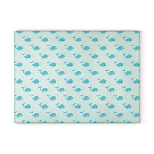 Cute whale glass cutting board with vibrant fish design on durable tempered glass