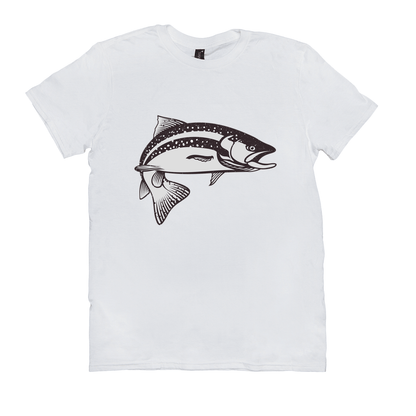 White T-shirt featuring a black and white trout design, perfect for fishing enthusiasts and nature lovers.