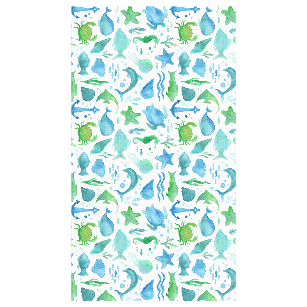 Watercolor sea life design tablecloth with blue and green marine creatures and aquatic elements. Perfect for coastal-themed dining.