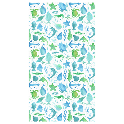 Watercolor sea life design tablecloth with blue and green marine creatures and aquatic elements. Perfect for coastal-themed dining.