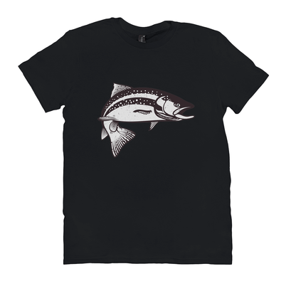 Black t-shirt featuring a detailed black and white trout design, ideal for fishing and angling enthusiasts.