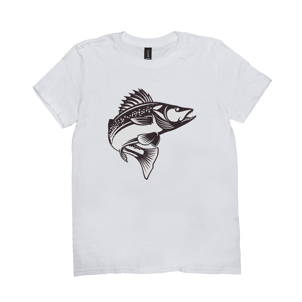 White Walleye T-Shirt with a dynamic black and white fish design, ideal for fishing and angling enthusiasts.