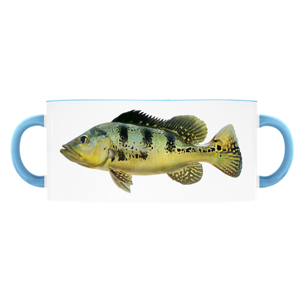 Peacock Bass accent mug with light blue handle and rim on white background.