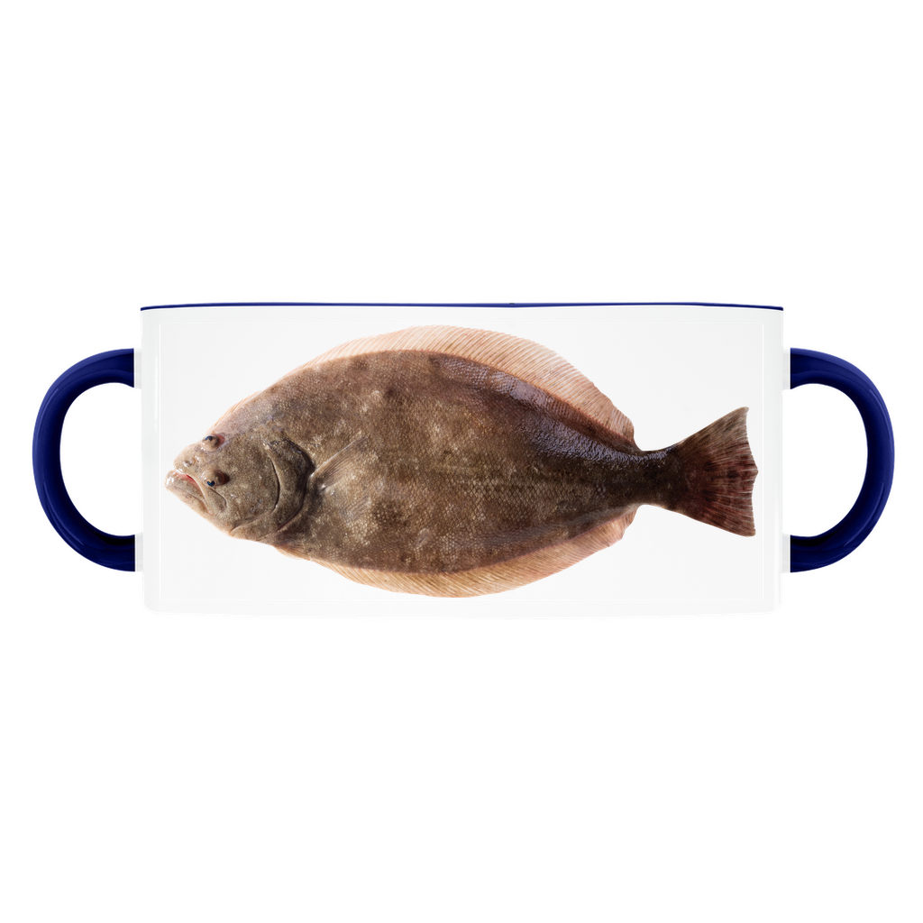 Winter Flounder accent mug with dark blue handle and rim on white background.