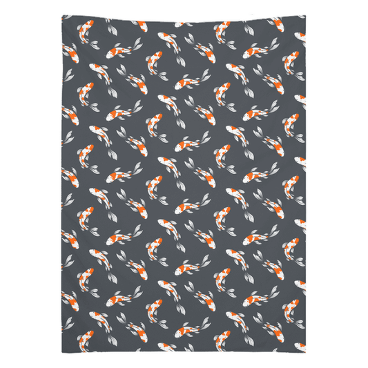 Koi fish black tapestry with vibrant print and hand-sewn edges, perfect for fish wall art decor.