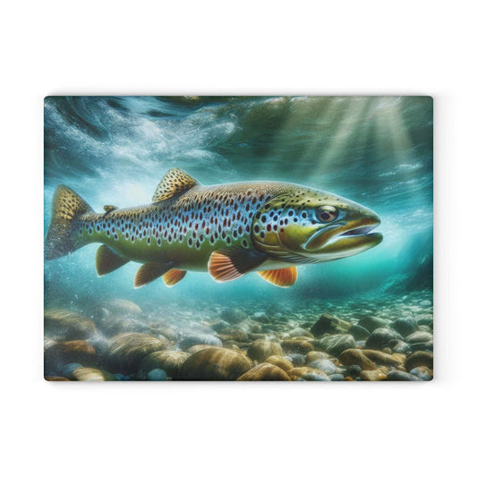 Brown Trout Glass Cutting Board with vibrant fish design and underwater scene. Perfect for food prep and kitchen decor.