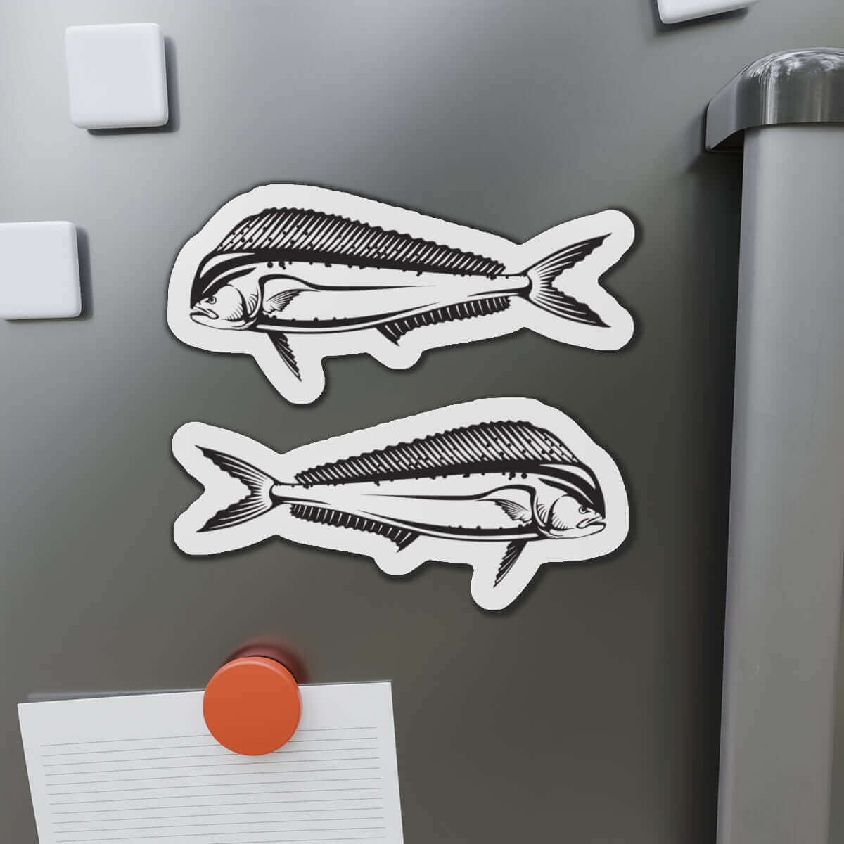 Mahi-Mahi Fish Shaped Magnets on Refrigerator Surface