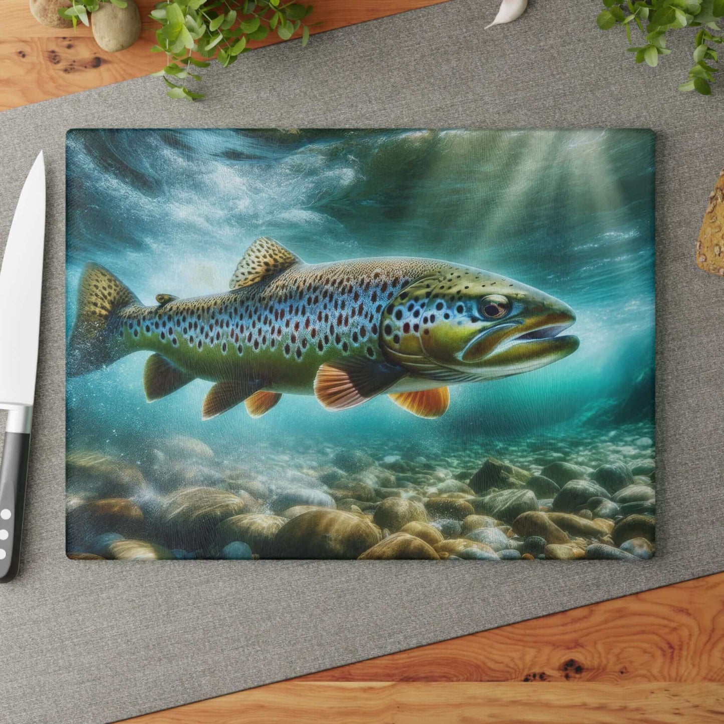 Brown Trout Glass Cutting Board with vibrant fish design on kitchen counter with knife and herbs