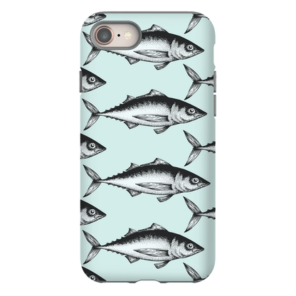 Phone case with black and white fish pattern on light blue background.