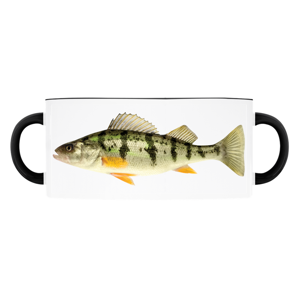 Yellow Perch accent mug with black handle and rim on white background.