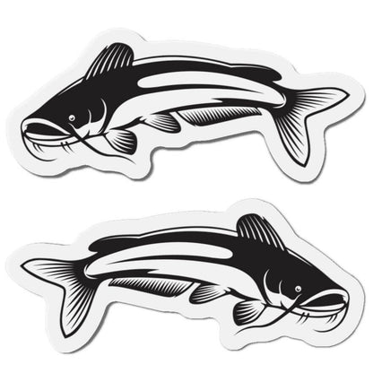 Set of black and white catfish-shaped magnets facing left and right for fishing enthusiasts.