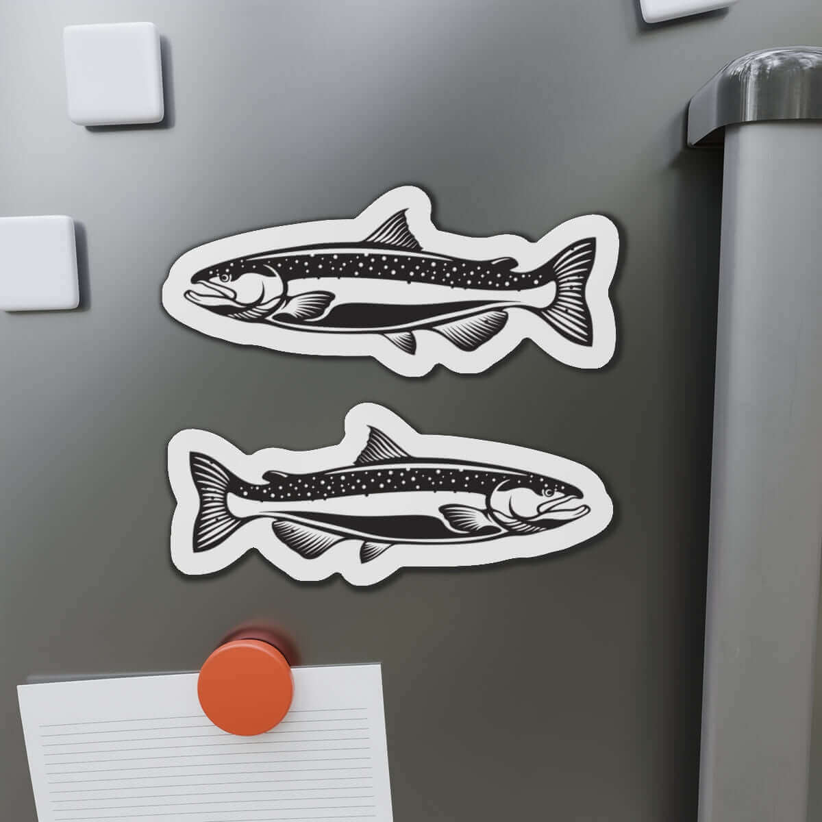 Chinook Salmon fish shaped magnets on a refrigerator, showcasing nature-inspired fish décor for fishing fans and fun kitchen magnets.