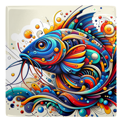 Abstract colorful catfish art on metal magnet in 2x2 inch size, perfect for adding an aquatic touch to any magnetic surface.