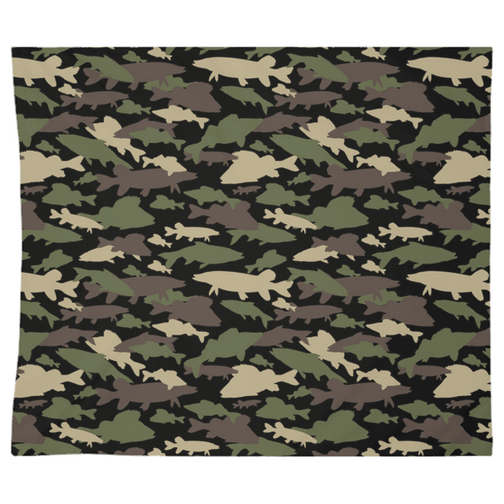 Fish camo wall tapestry with green and brown fish pattern, perfect for fish wall decor and adding style to any room.