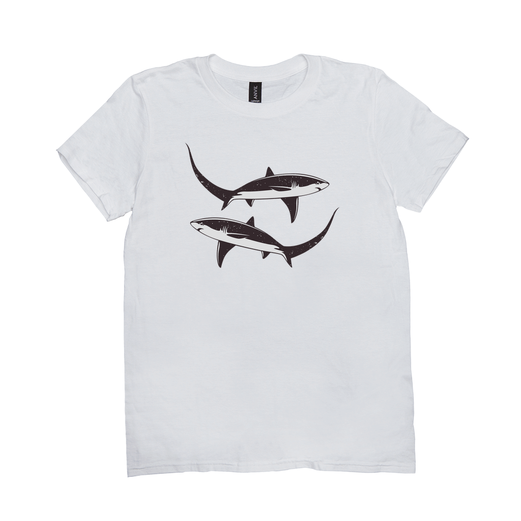 Thresher Shark T-Shirt with black and white design showcasing elongated tails, perfect for fish, fishing, and angling enthusiasts