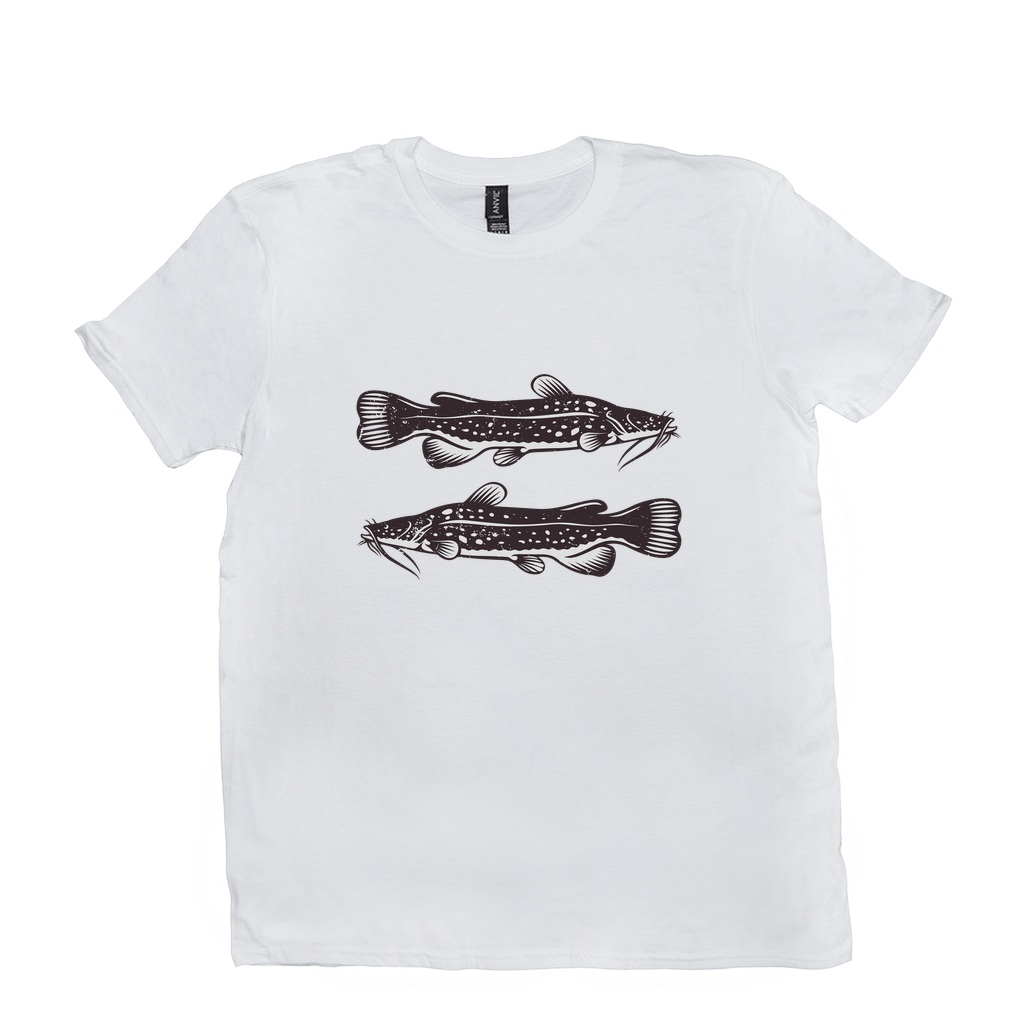 Flathead Catfish T-Shirt with black and white design, perfect for fishing and angling enthusiasts, made from 100% cotton.